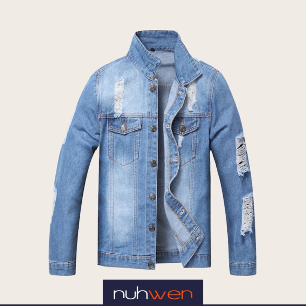 Men Washed Ladder Distressed Denim Jacket